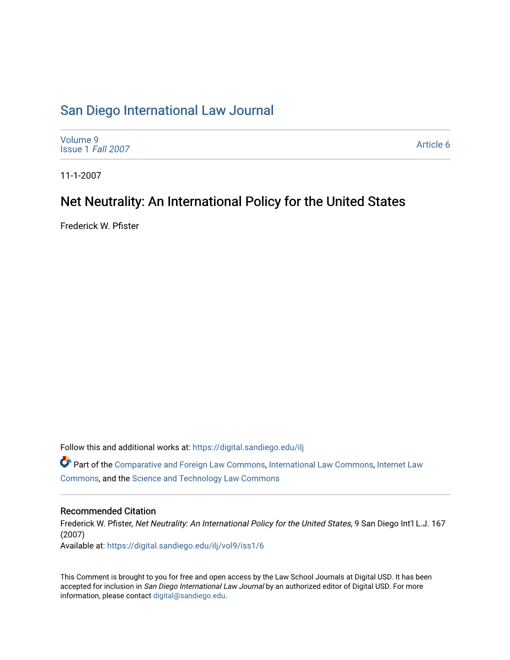 Net Neutrality: an International Policy for the United States