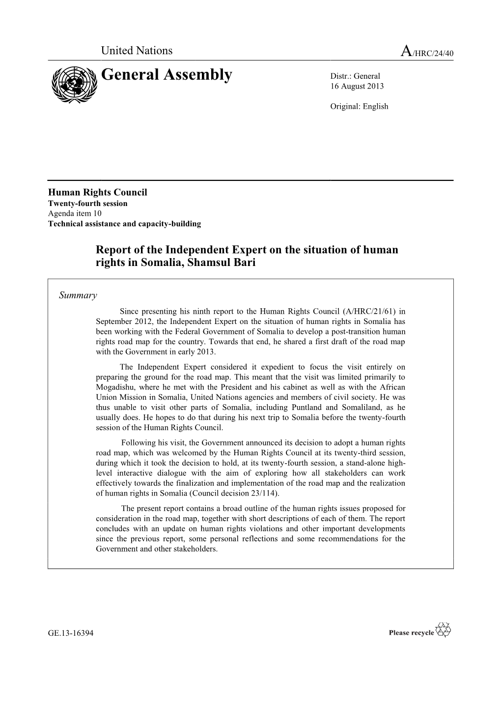 Report of the Independent Expert on the Situation of Human Rights in Somalia, Shamsul Bari