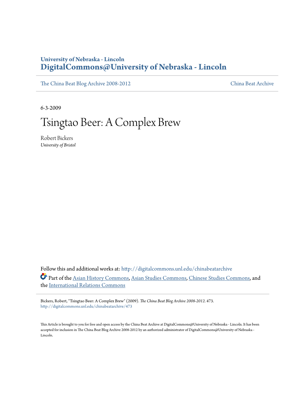 Tsingtao Beer: a Complex Brew Robert Bickers University of Bristol