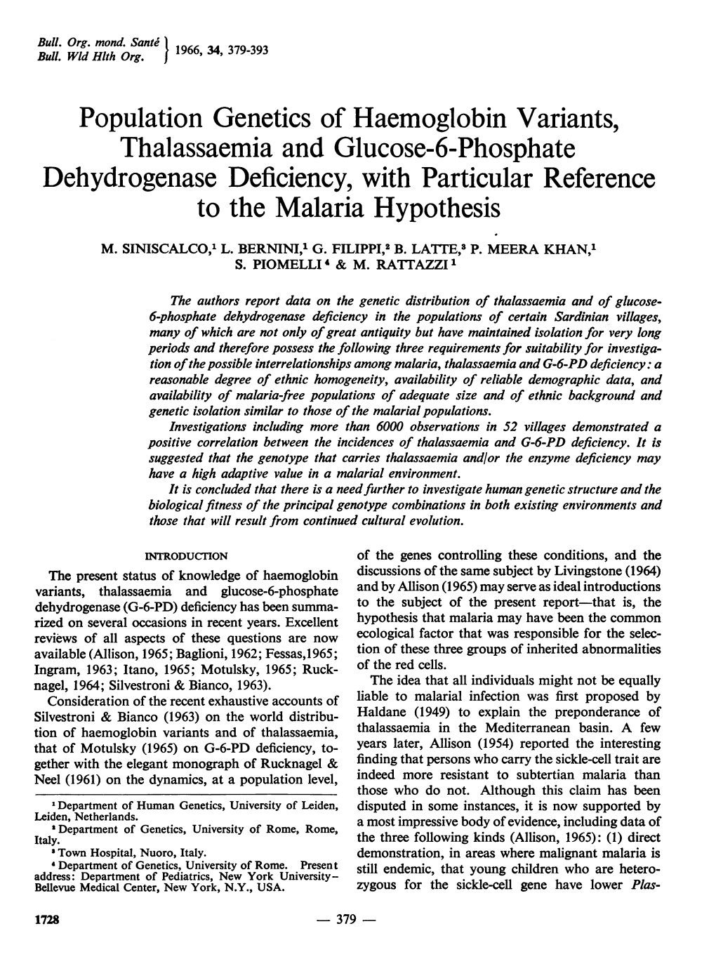 Thalassaemia and Glucose-6-Phosphate Dehydrogenase Deficiency, with Particular Reference to the Malaria Hypothesis