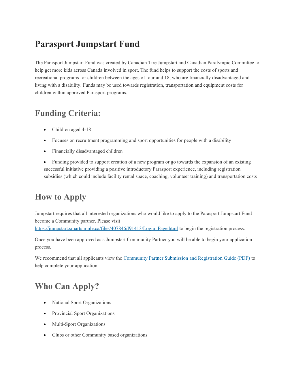 Parasport Jumpstart Fund