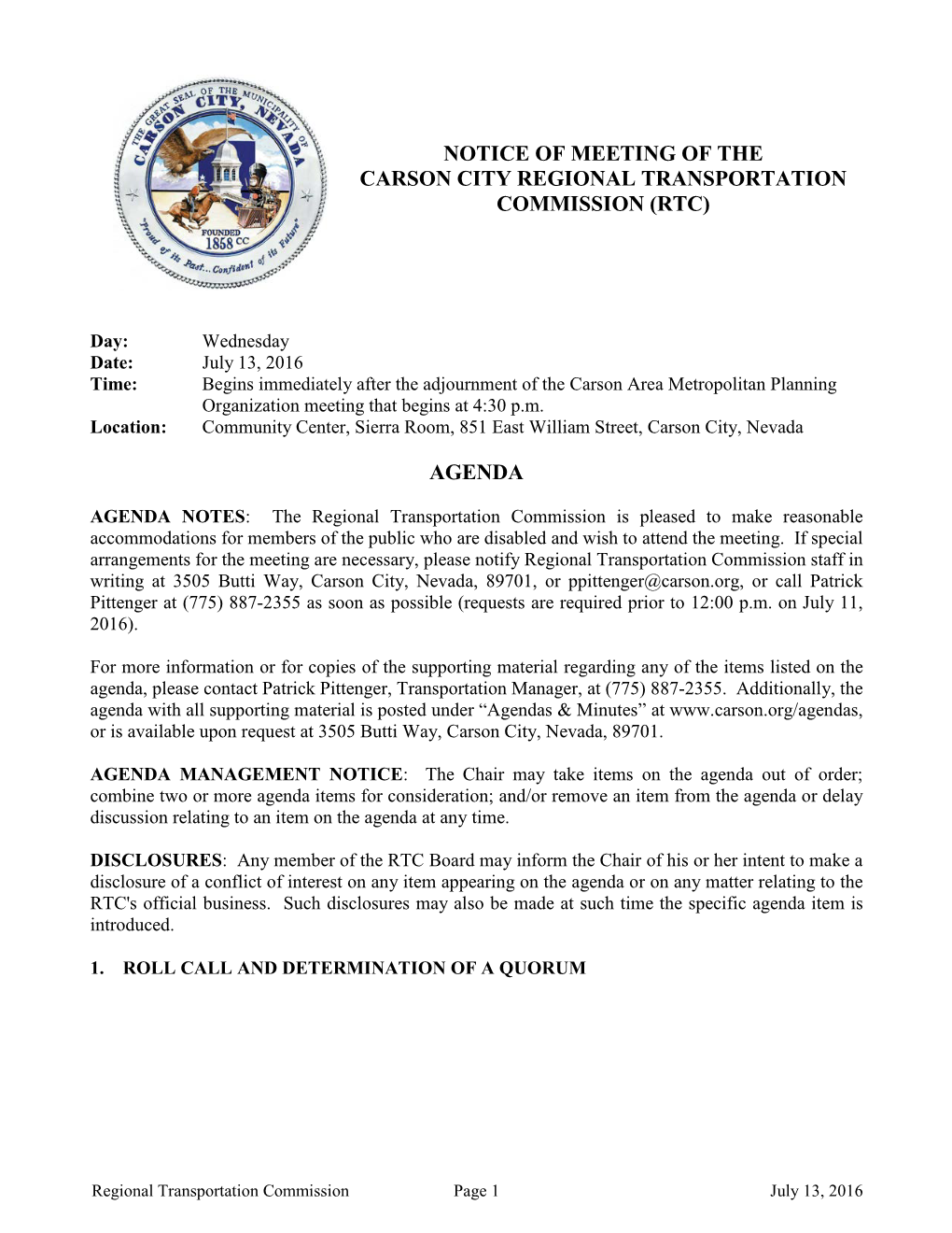 Notice of Meeting of the Carson City Regional Transportation Commission (Rtc)