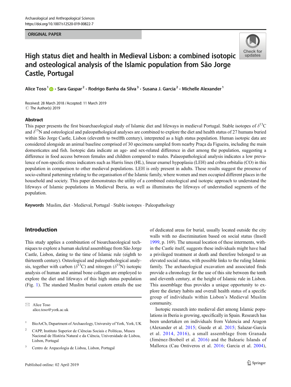 High Status Diet and Health in Medieval Lisbon: a Combined Isotopic and Osteological Analysis of the Islamic Population from São Jorge Castle, Portugal