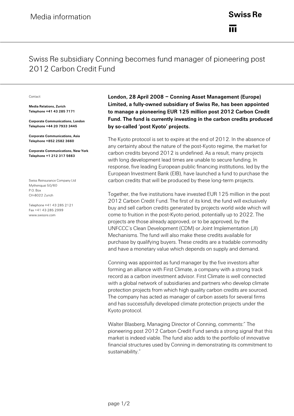 Swiss Re Subsidiary Conning Becomes Fund Manager of Pioneering Post 2012 Carbon Credit Fund