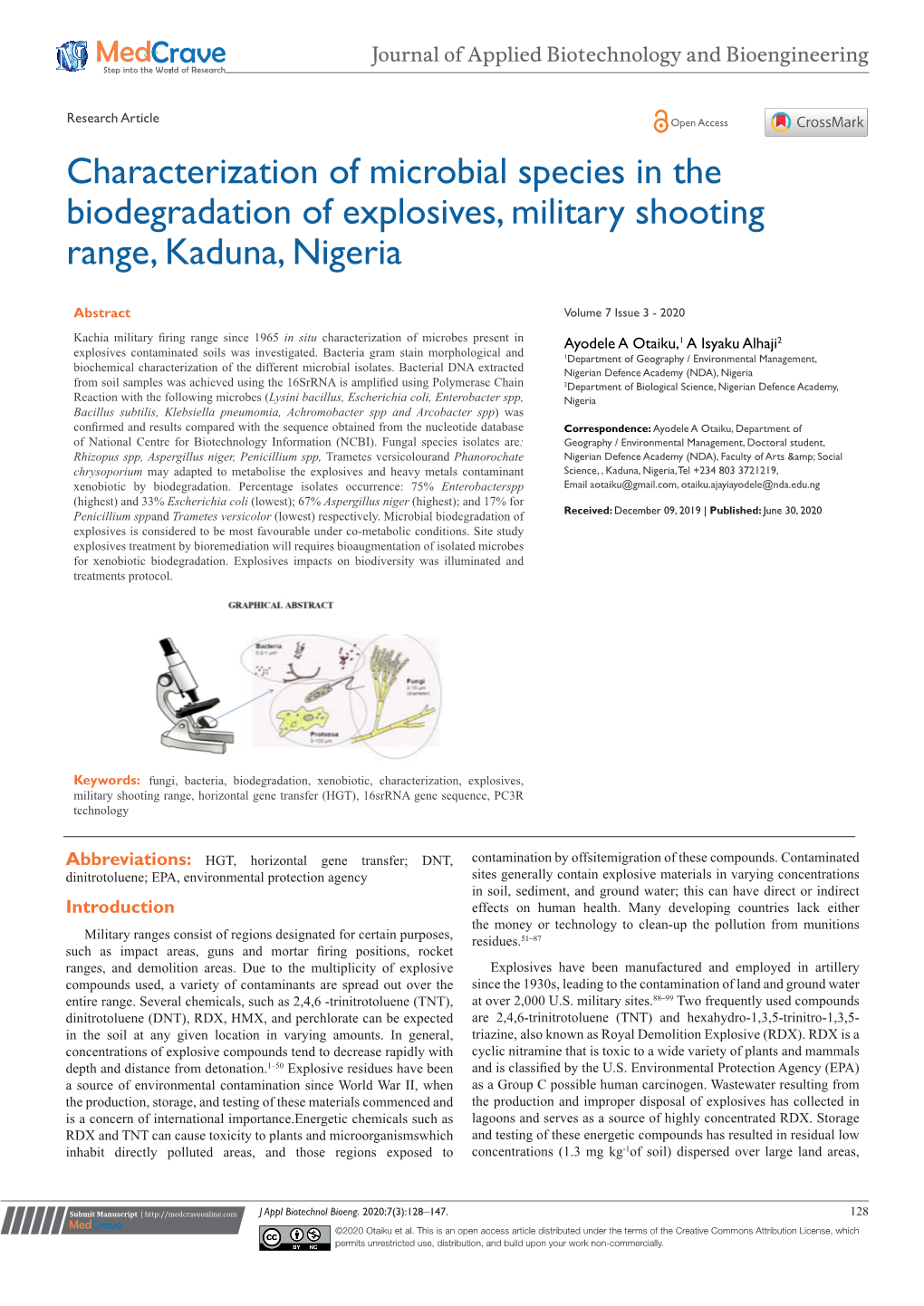 Characterization of Microbial Species in the Biodegradation of Explosives, Military Shooting Range, Kaduna, Nigeria