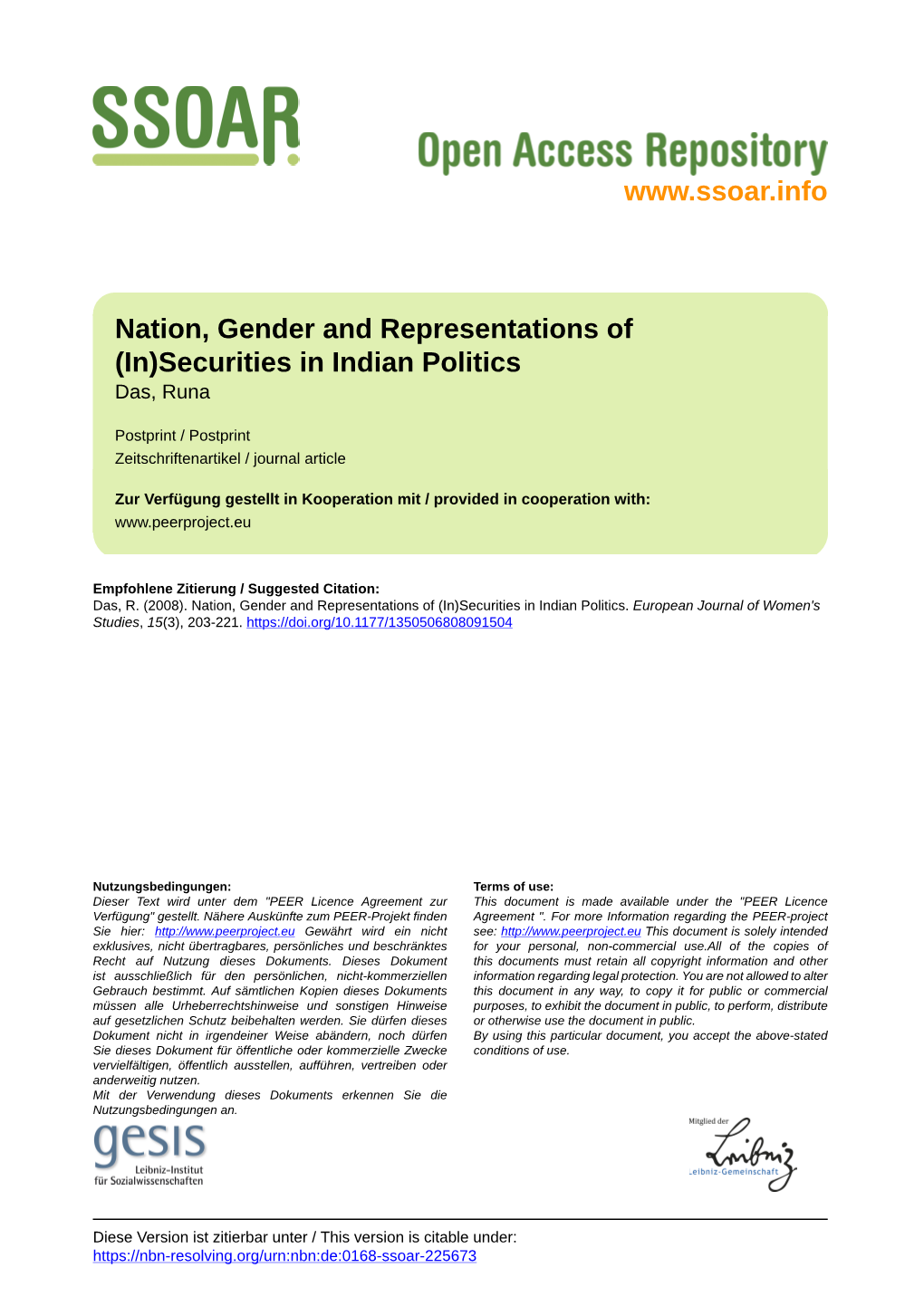 Nation, Gender and Representations of (In)Securities in Indian Politics Das, Runa