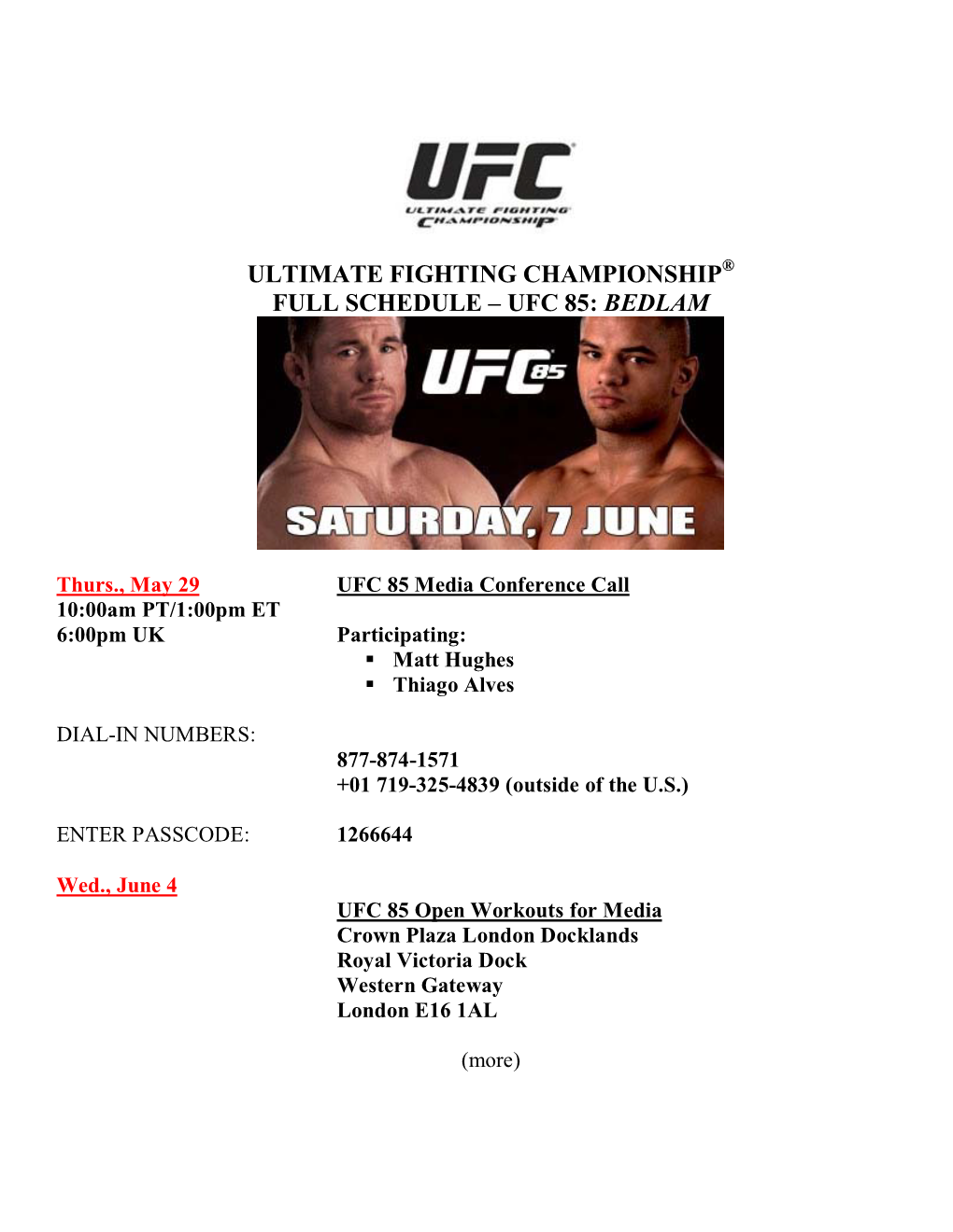 Ultimate Fighting Championship® Full Schedule – Ufc 85: Bedlam