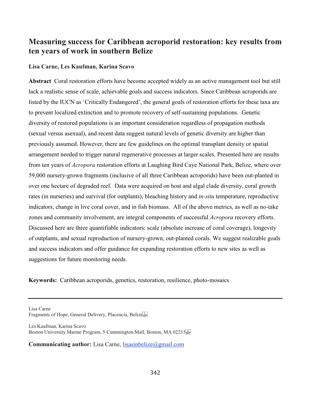 Measuring Success for Caribbean Acroporid Restoration: Key Results from Ten Years of Work in Southern Belize