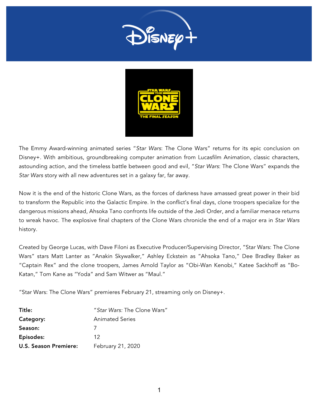 Disney+ Clone Wars Project Fact Sheet 1.21