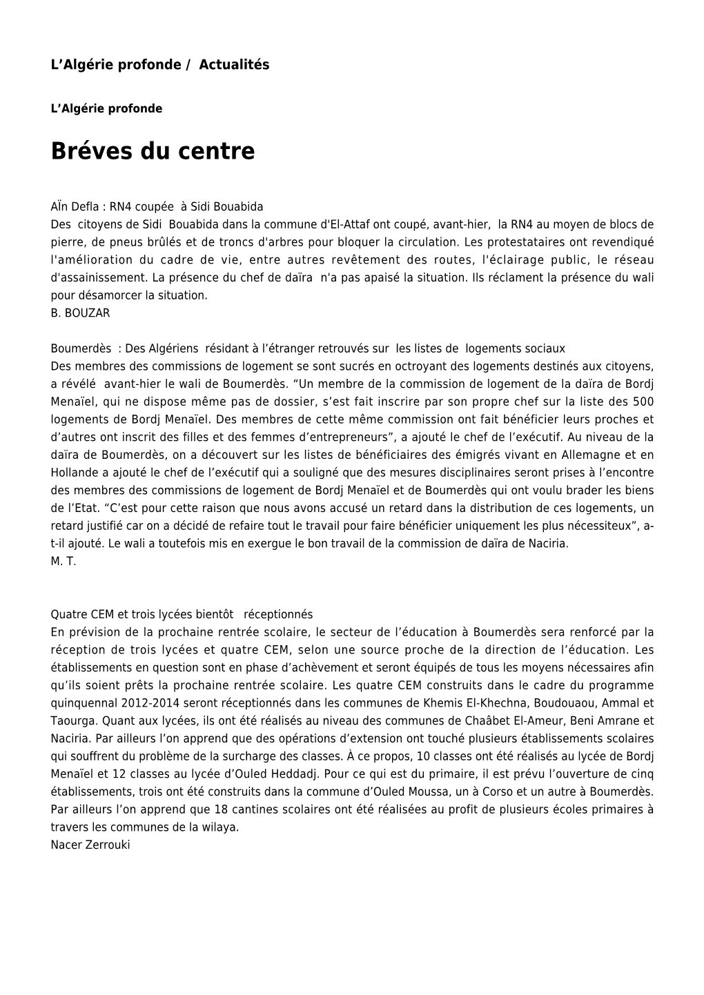 Bréves Du Centre: Toute L'actualité Sur Liberte-Algerie.Com