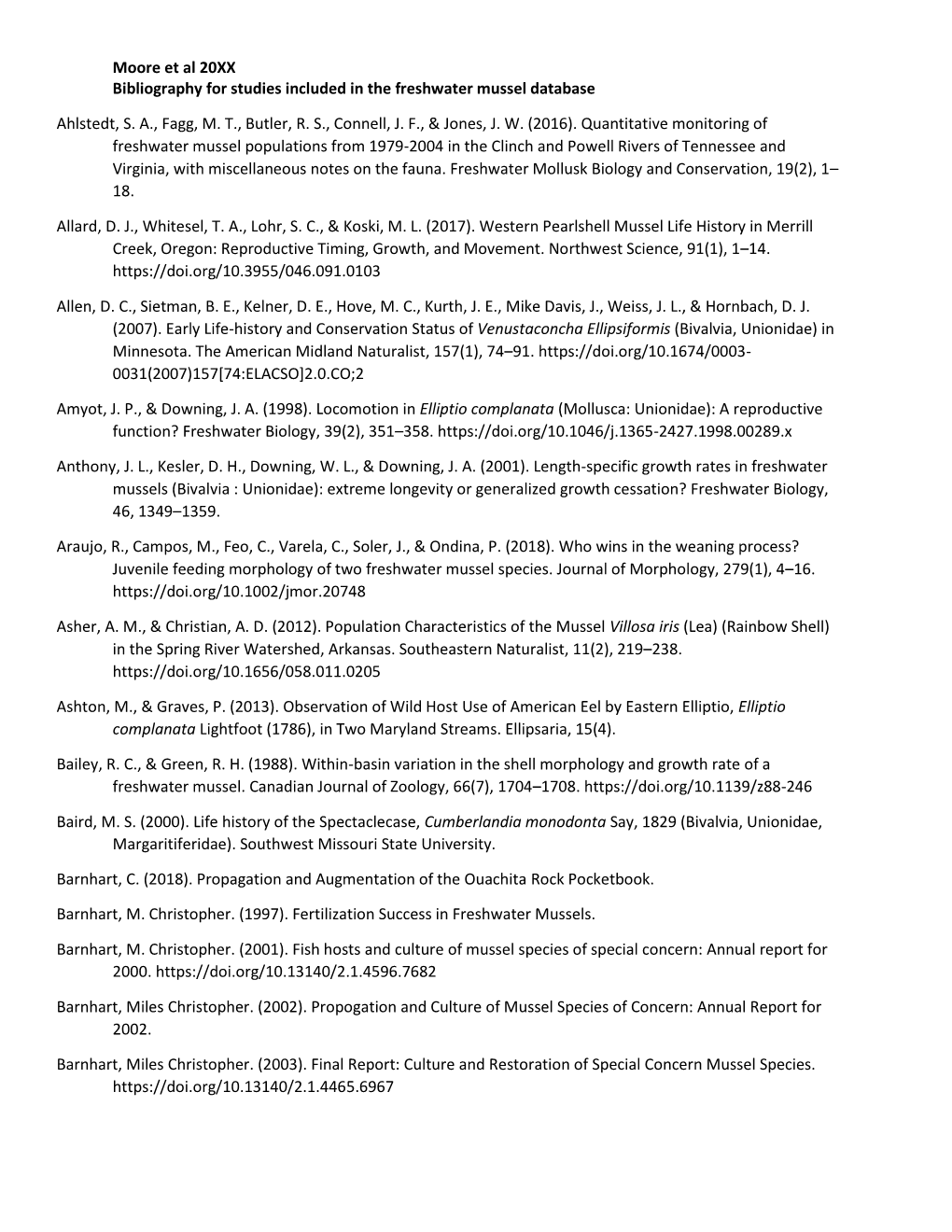 Moore Et Al 20XX Bibliography for Studies Included in the Freshwater Mussel Database Ahlstedt, S. A., Fagg, M. T., Butler, R. S