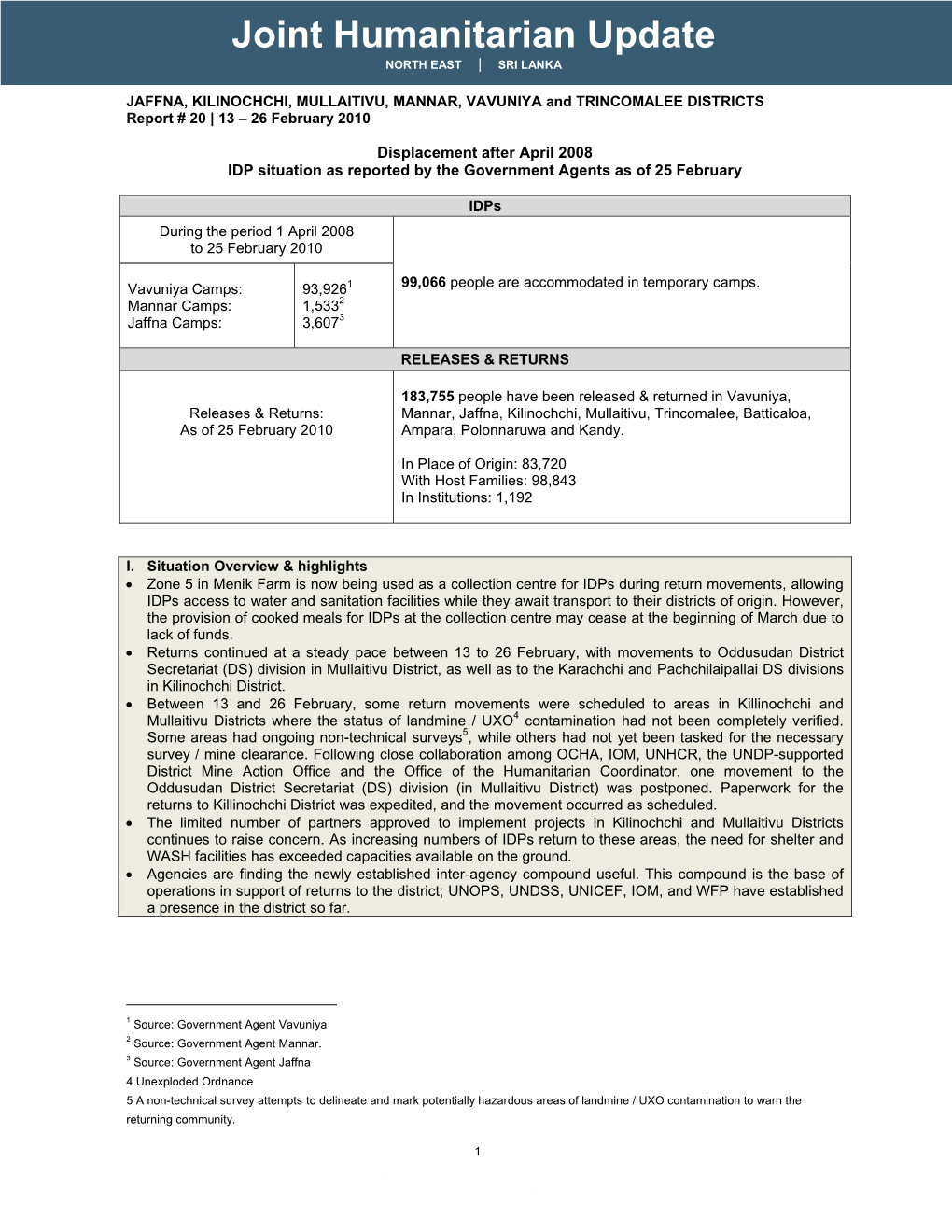 Joint Humanitarian Update NORTH EAST | SRI LANKA