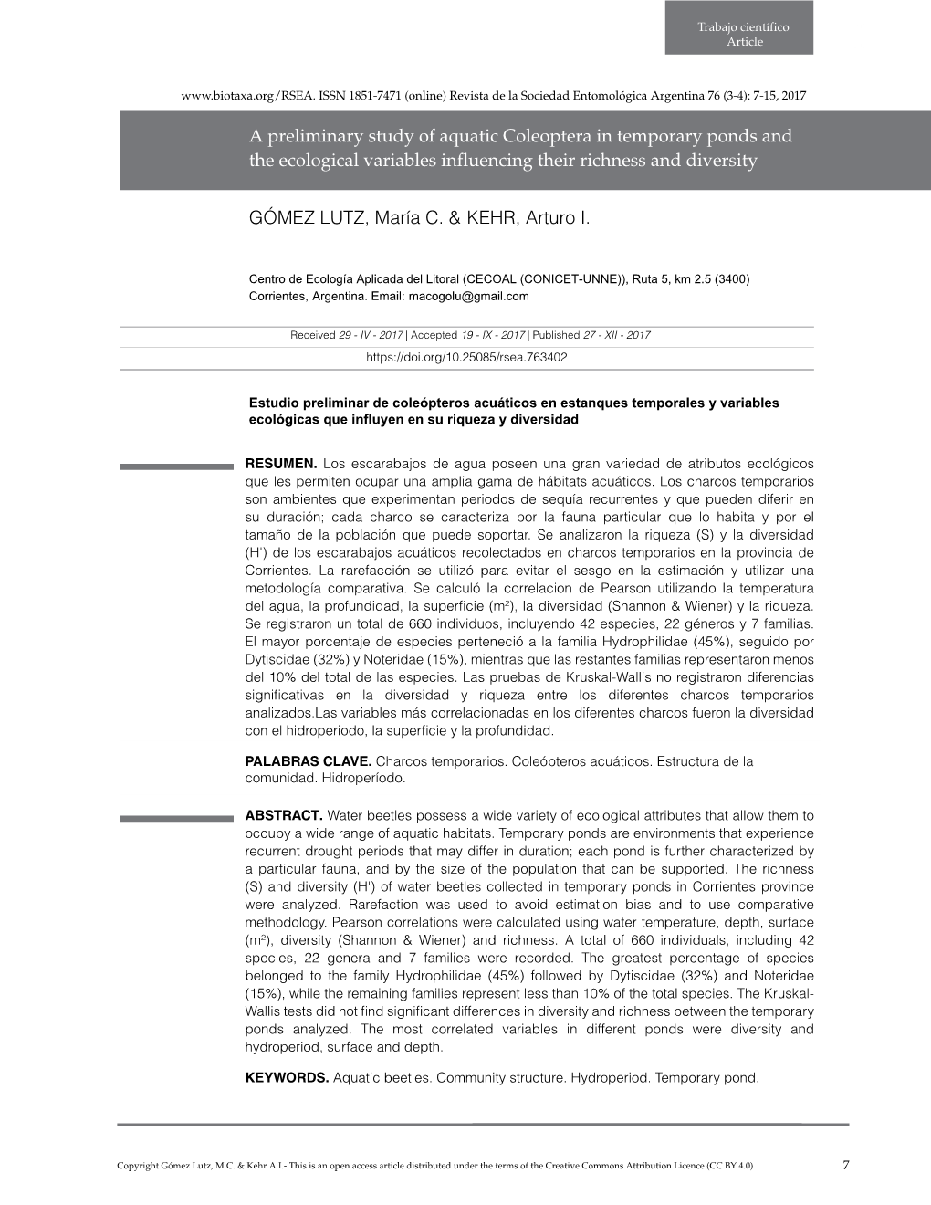 A Preliminary Study of Aquatic Coleoptera in Temporary Ponds and the Ecological Variables Influencing Their Richness and Diversity