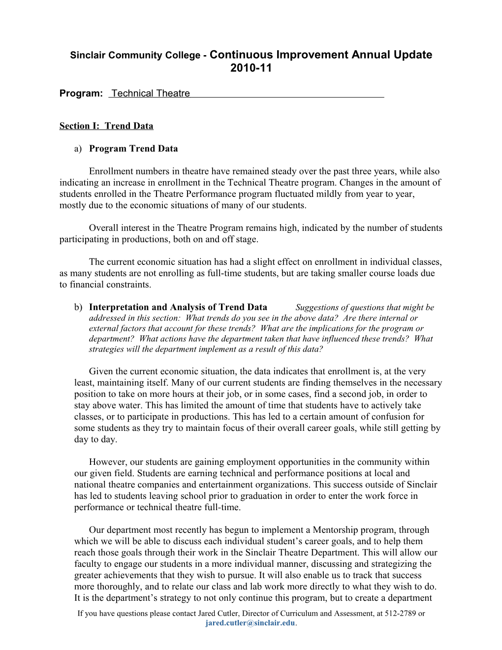 Sinclair Community College - Continuous Improvement Annual Update 2010-11 s1