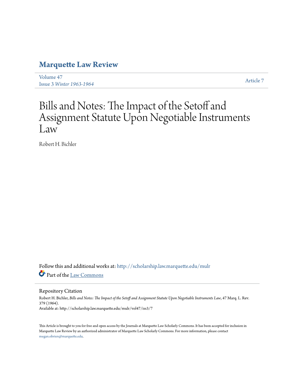 Bills and Notes: the Impact of the Setoff and Assignment Statute Upon Negotiable Instruments Law