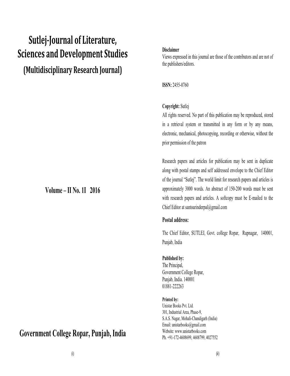 Sutlej-Journal of Literature, Sciences and Development Studies