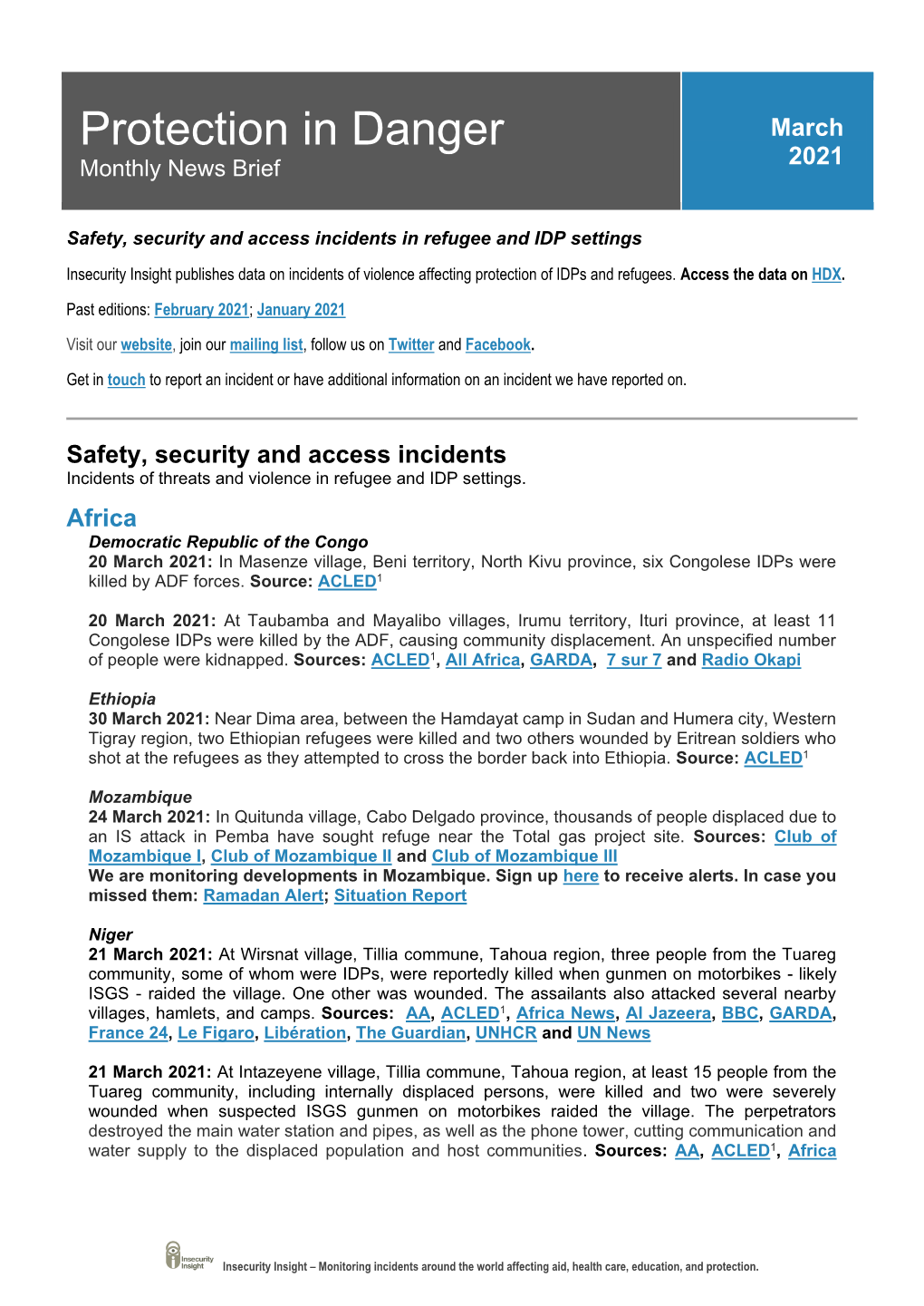 Protection in Danger Monthly News Brief, March 2021