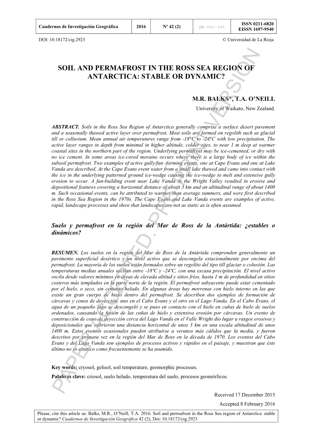 PAPER ACCEPTED. PRE-PRINT VERSION Soil and Permafrost in the Ross Sea Region