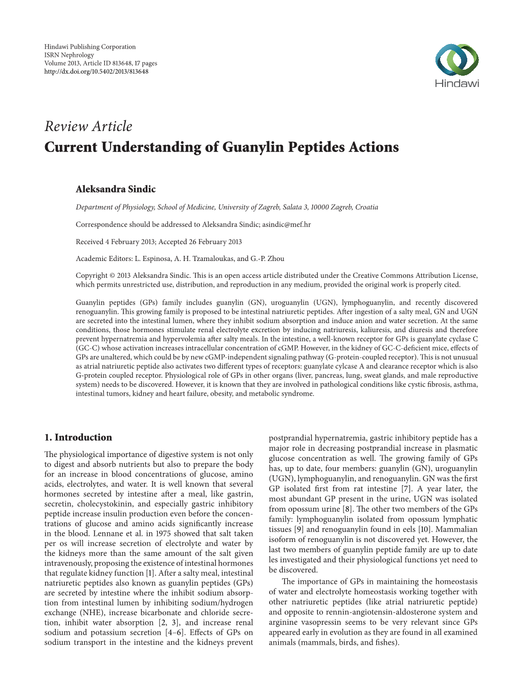 Review Article Current Understanding of Guanylin Peptides Actions