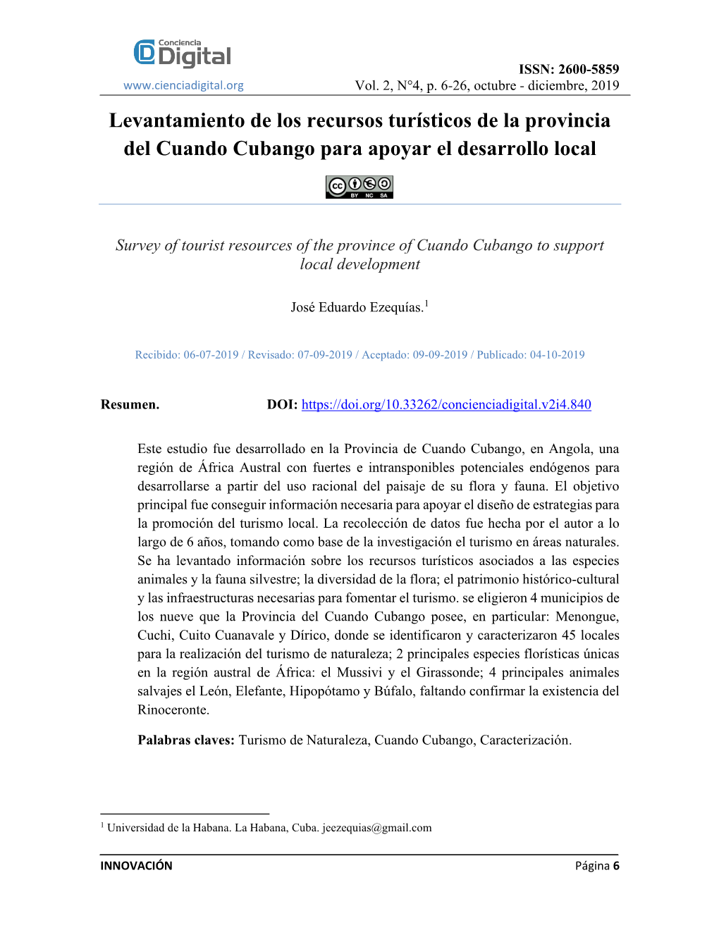 Levantamiento De Los Recursos Turísticos De La Provincia Del Cuando Cubango Para Apoyar El Desarrollo Local