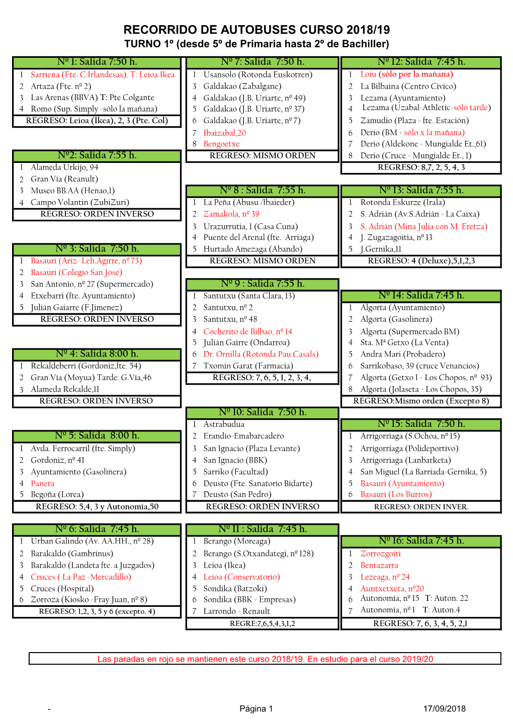 RECORRIDO DE AUTOBUSES CURSO 2018/19 TURNO 1º (Desde 5º De Primaria Hasta 2º De Bachiller) Nº 1: Salida 7:50 H