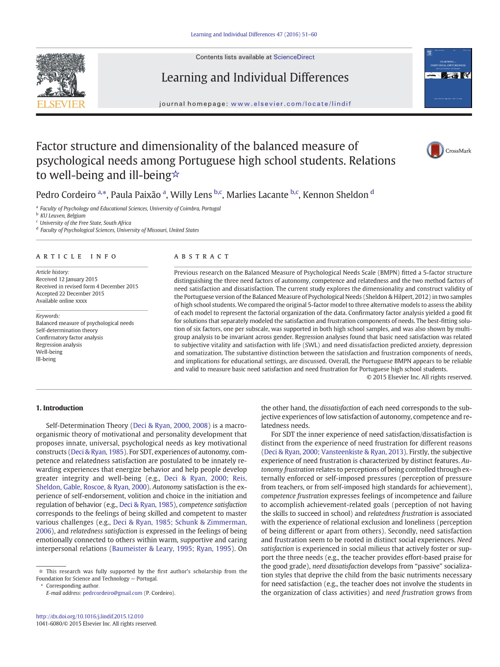 Factor Structure and Dimensionality of the Balanced Measure of Psychological Needs Among Portuguese High School Students