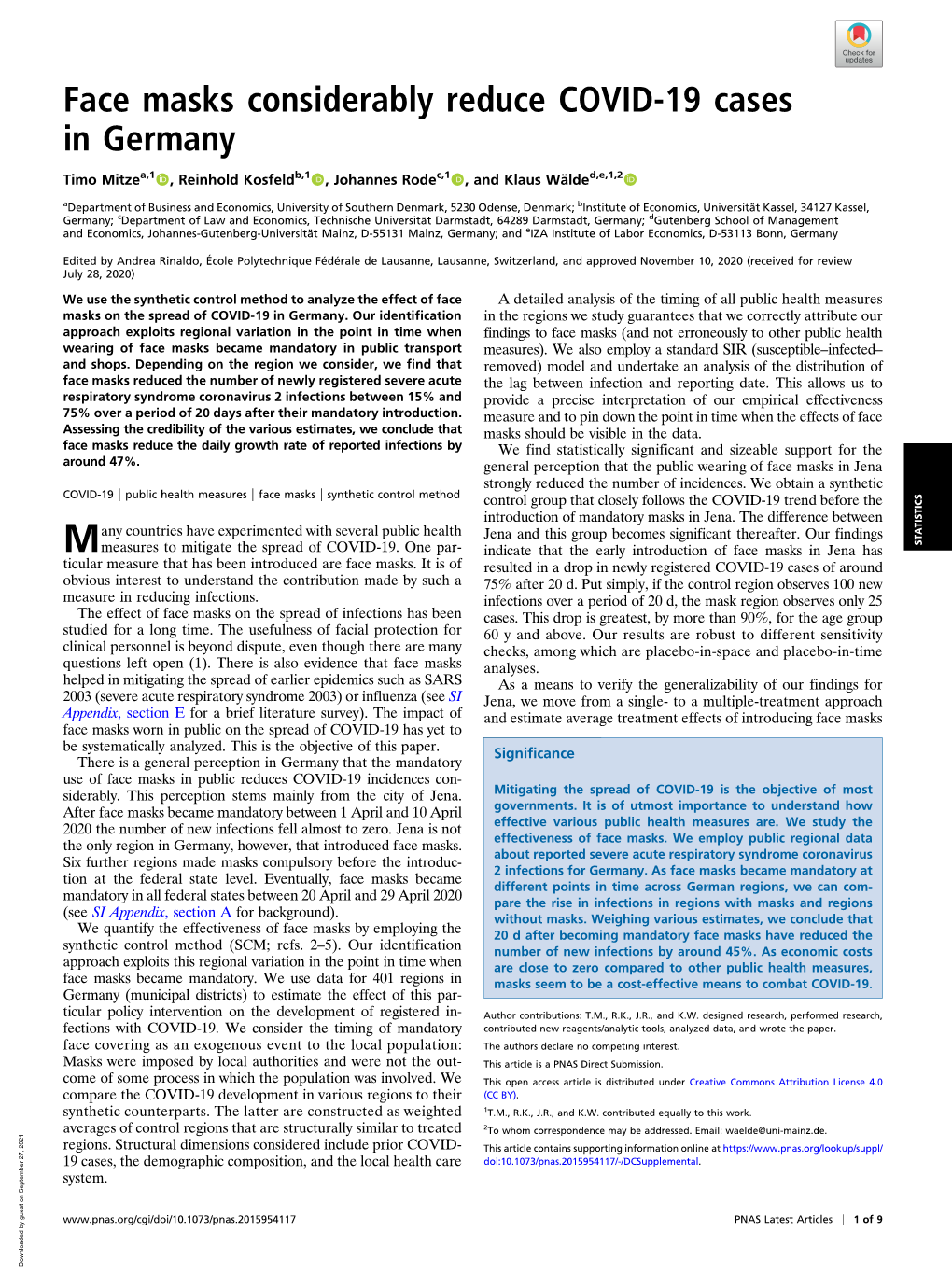 Face Masks Considerably Reduce COVID-19 Cases in Germany