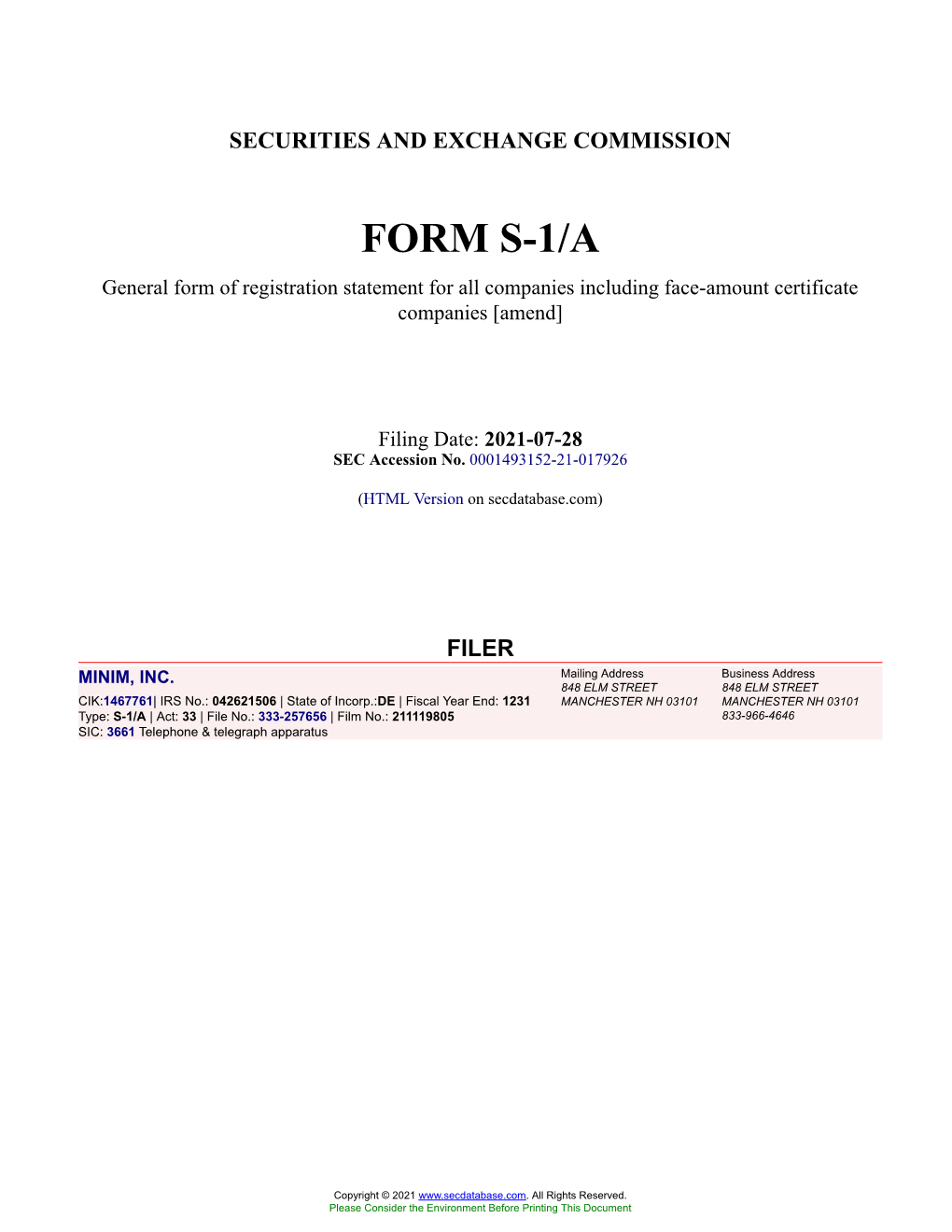 MINIM, INC. Form S-1/A Filed 2021-07-28