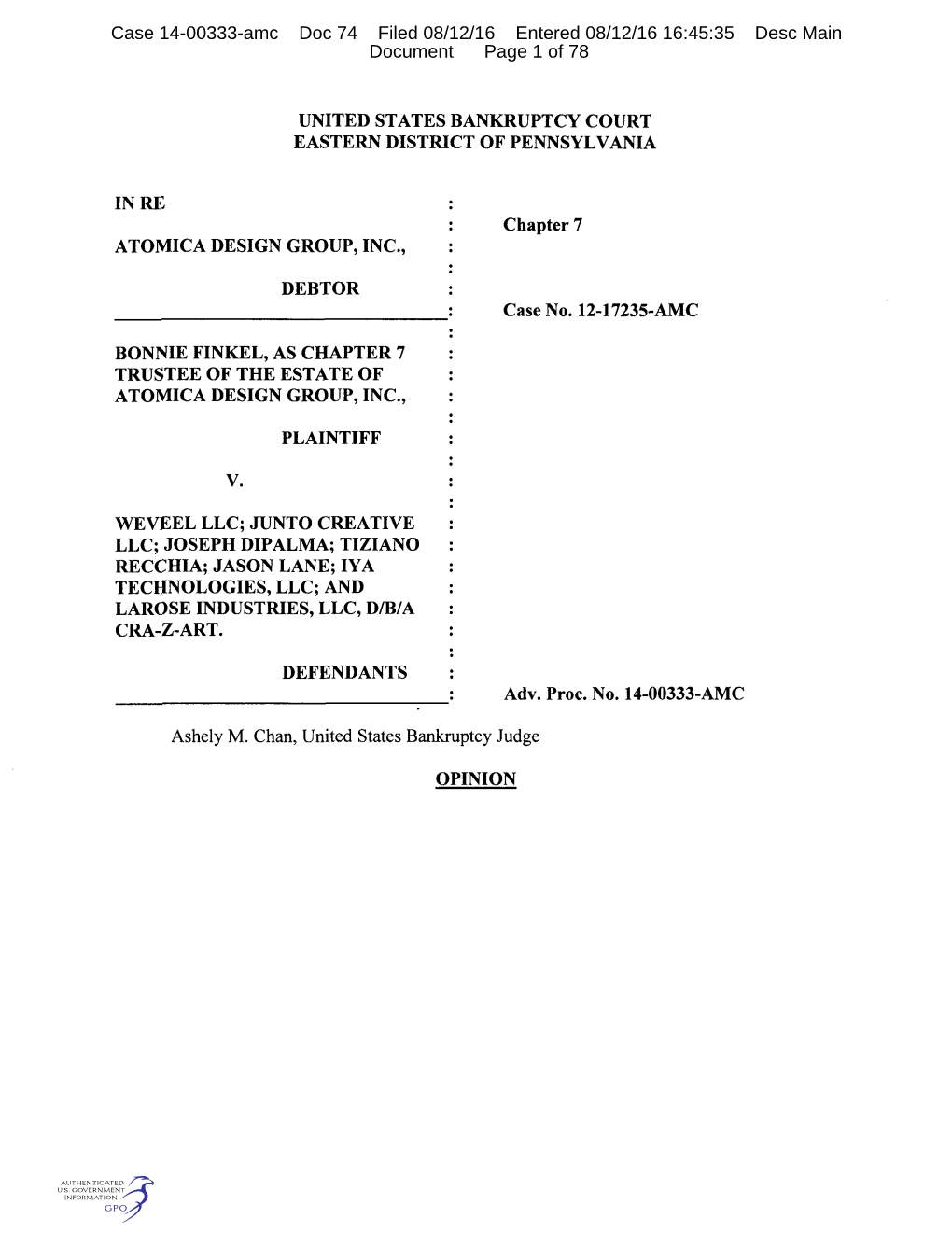 Case 14-00333-Amc Doc 74 Filed 08/12/16 Entered 08/12/16 16:45:35 Desc Main Document Page 1 of 78