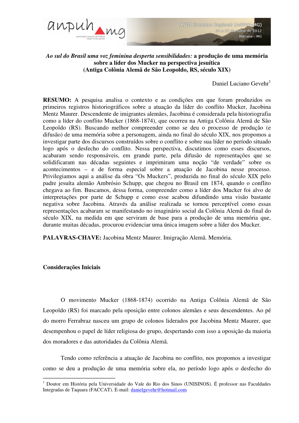 A Produção De Uma Memória Sobre a Líder Dos Mucker Na Perspectiva Jesuítica (Antiga Colônia Alemã De São Leopoldo, RS, Século XIX)