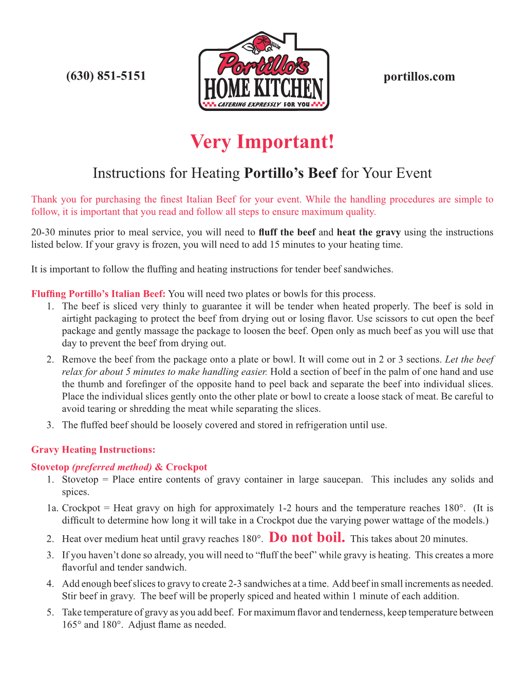 Very Important! Instructions for Heating Portillo’S Beef for Your Event