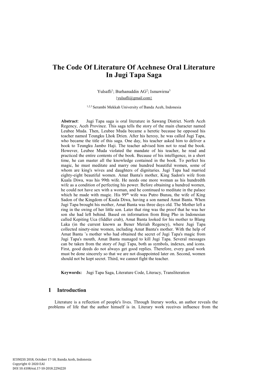 The Code of Literature of Acehnese Oral Literature in Jugi Tapa Saga