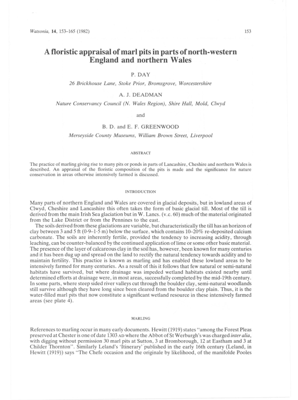 A Floristic Appraisal of Mar I Pits in Parts of North-Western England And