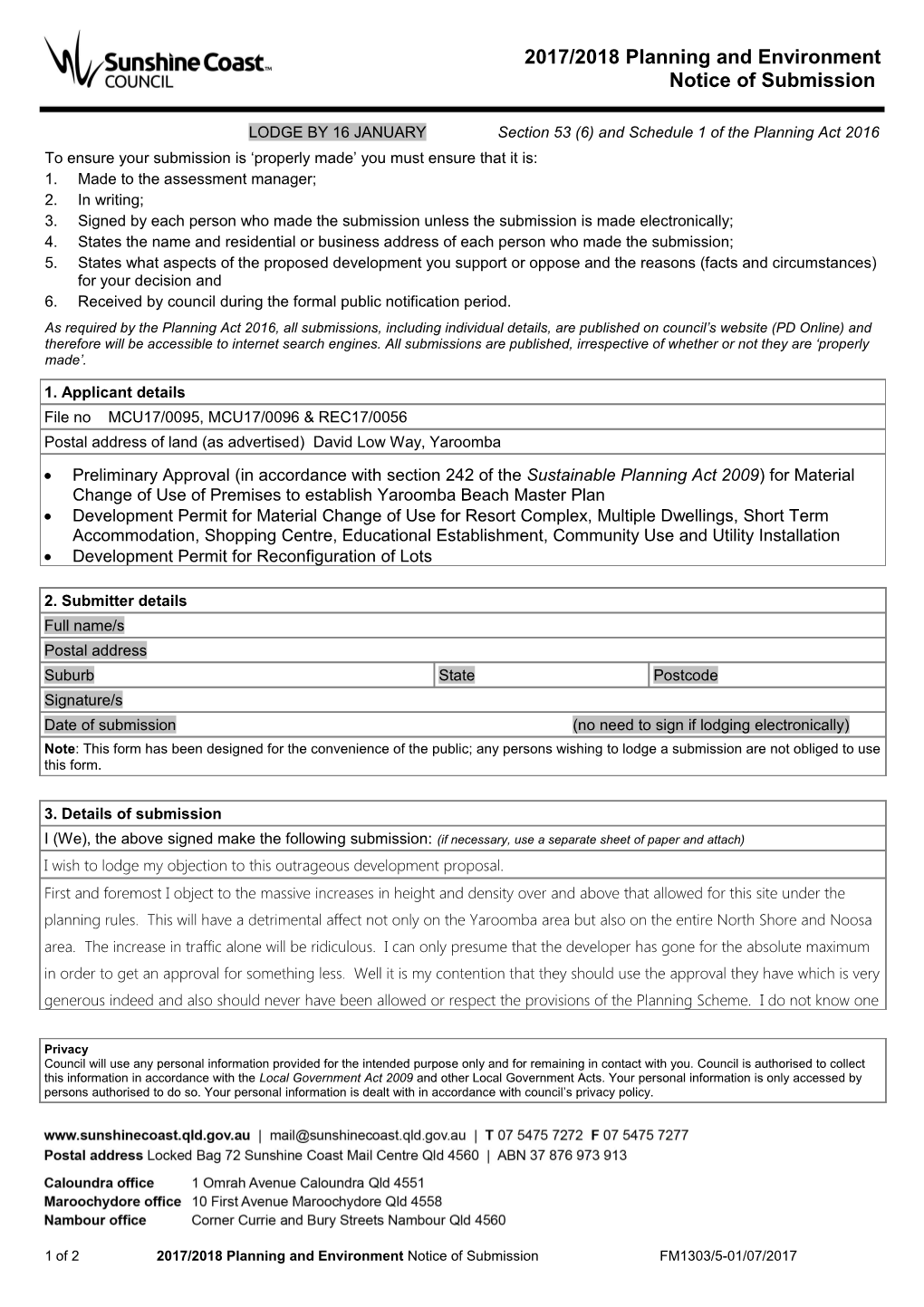 FM1303 Notice of Submission