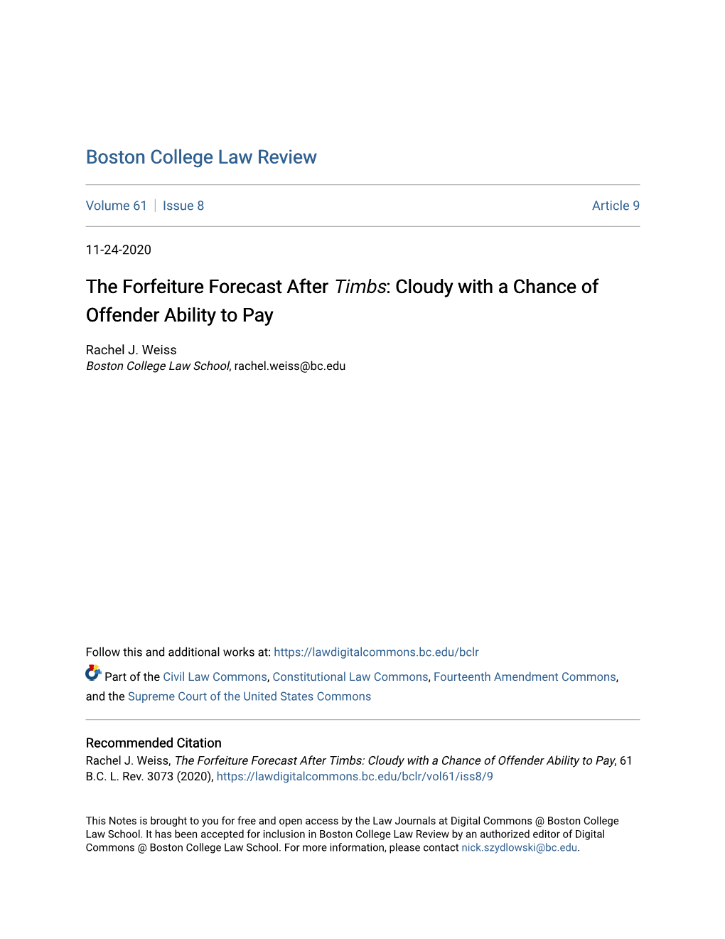 The Forfeiture Forecast After Timbs: Cloudy with a Chance of Offender Ability to Pay