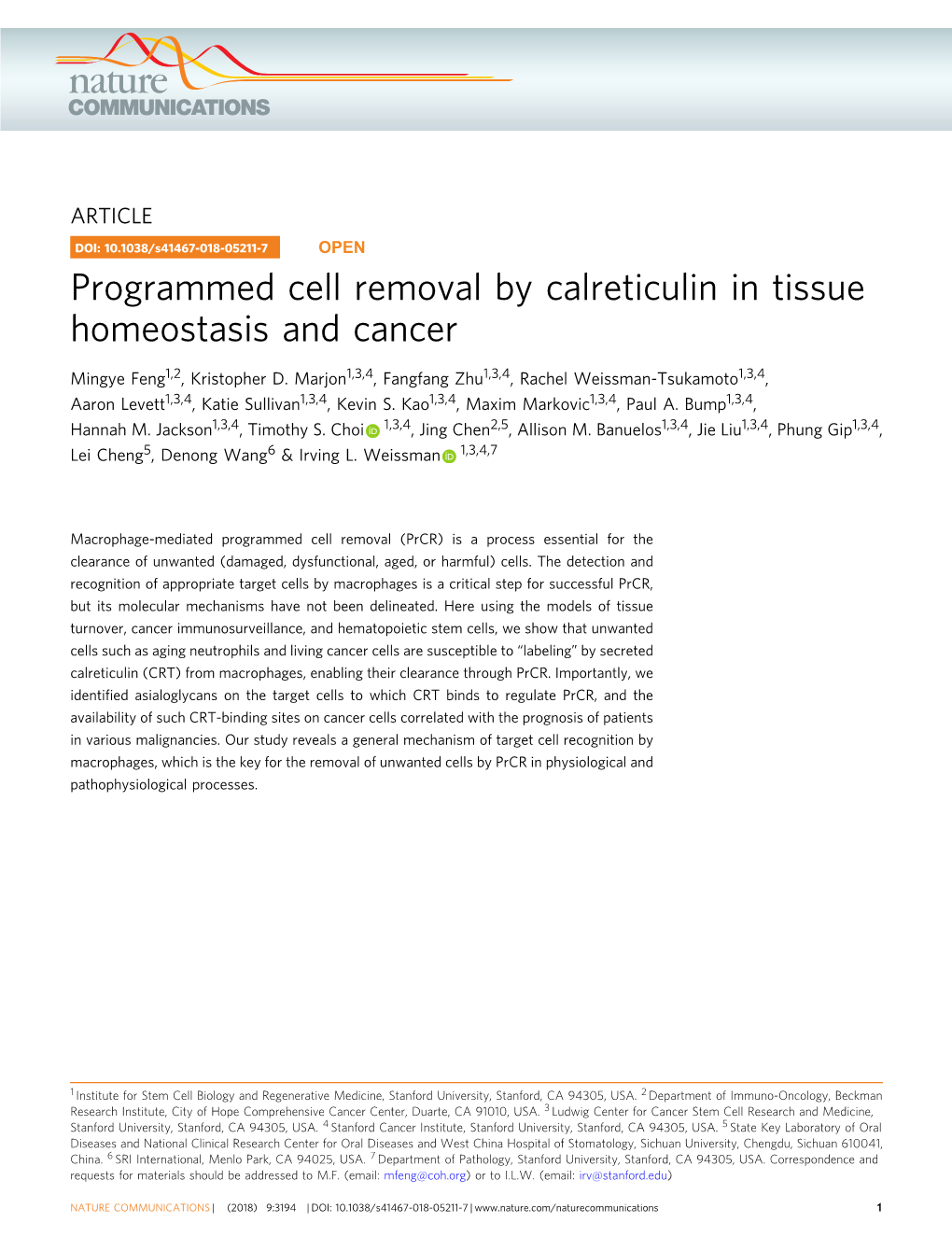 Programmed Cell Removal by Calreticulin in Tissue Homeostasis and Cancer