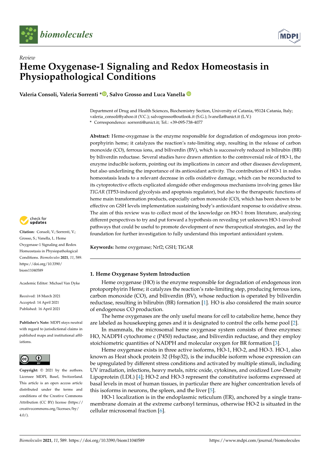 Heme Oxygenase-1 Signaling and Redox Homeostasis in Physiopathological Conditions