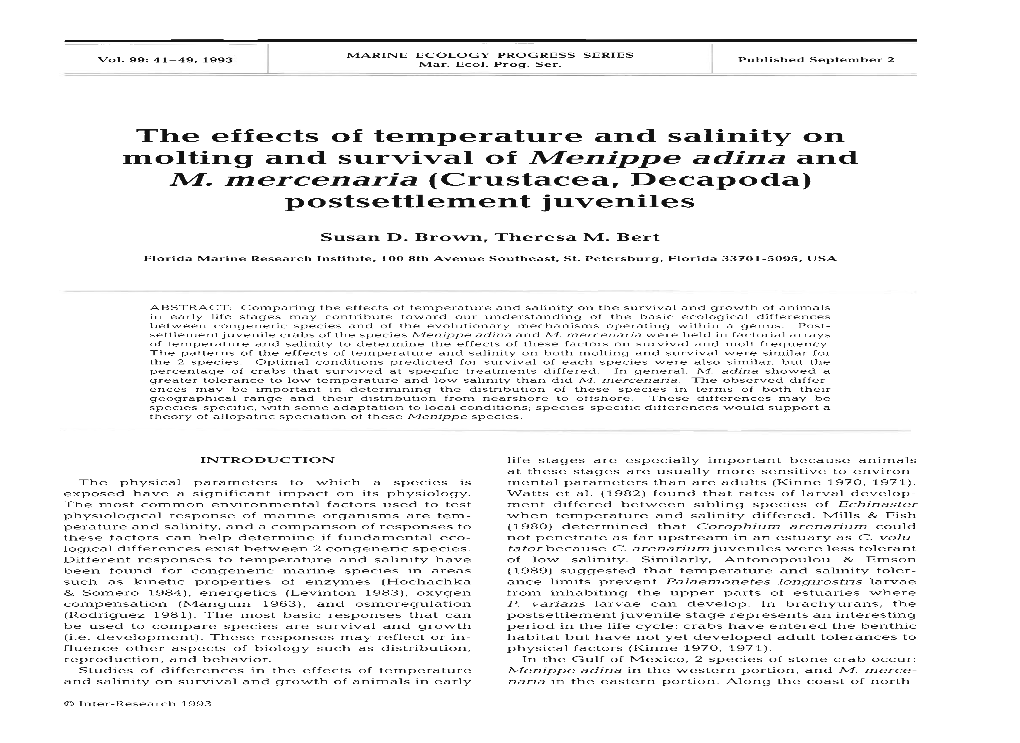 The Effects of Temperature and Salinity on Molting and Survival of Menippe Adinaand M