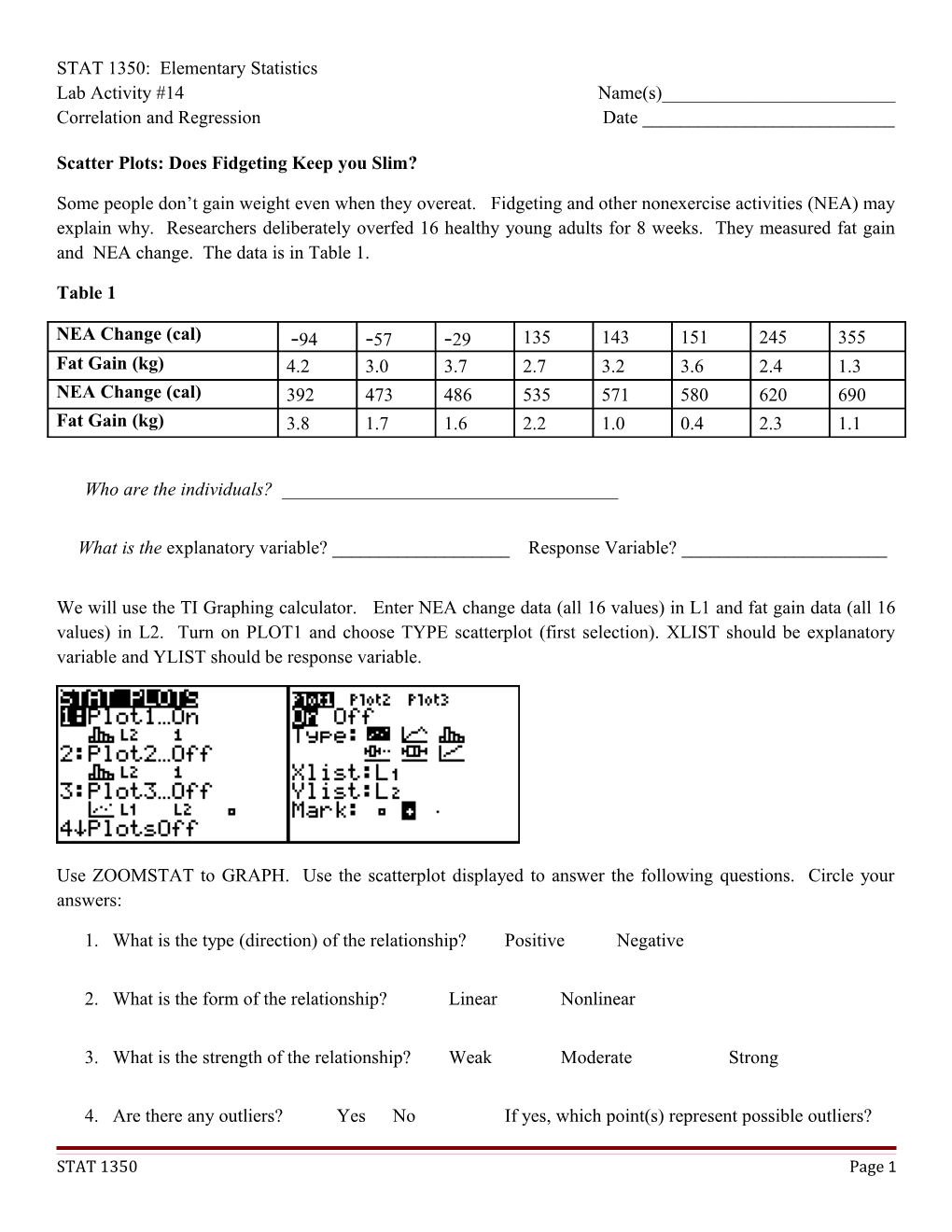 Scatter Plots: Does Fidgeting Keep You Slim?