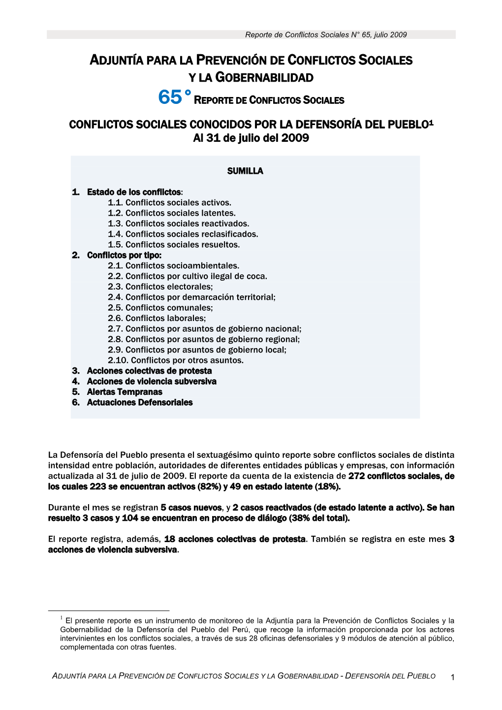 Adjuntía Para La Prevención De Conflictos Sociales Y La Gobernabilidad 65°Reporte De Conflictos Sociales