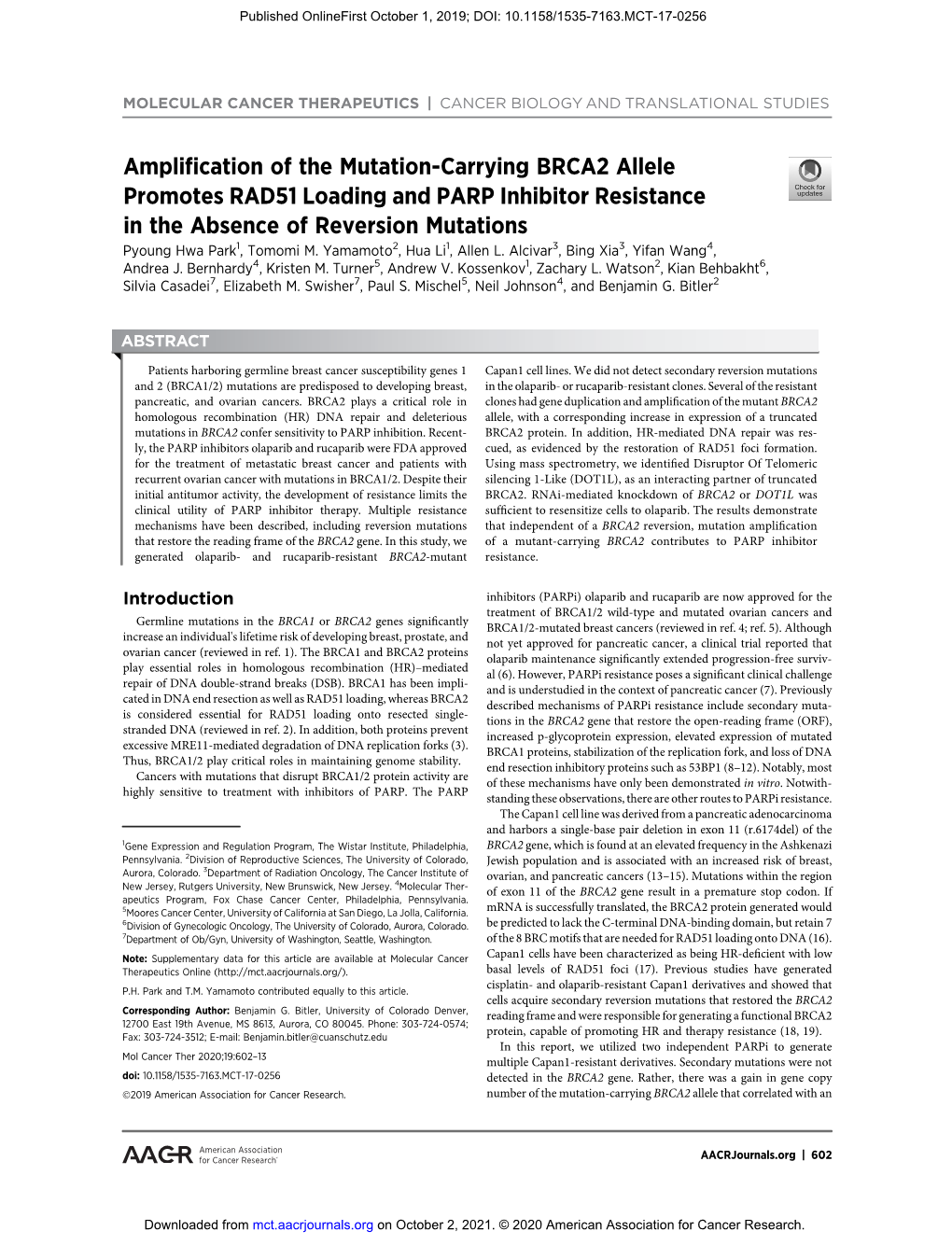 Amplification of the Mutation-Carrying BRCA2 Allele Promotes RAD51 Loading and PARP Inhibitor Resistance in the Absence of Reversion Mutations