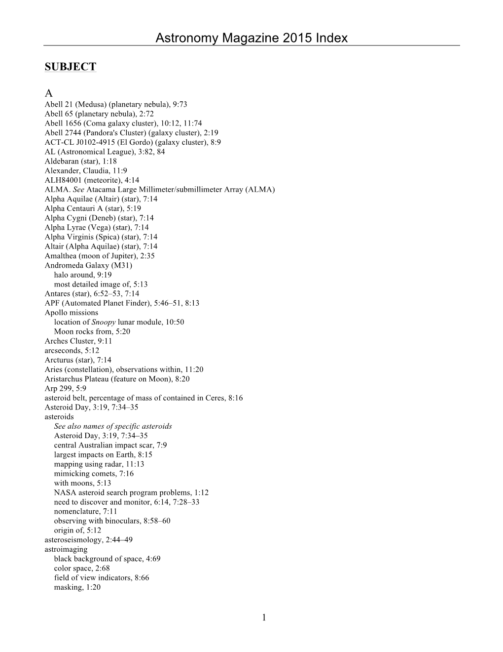 Astronomy Magazine 2015 Index