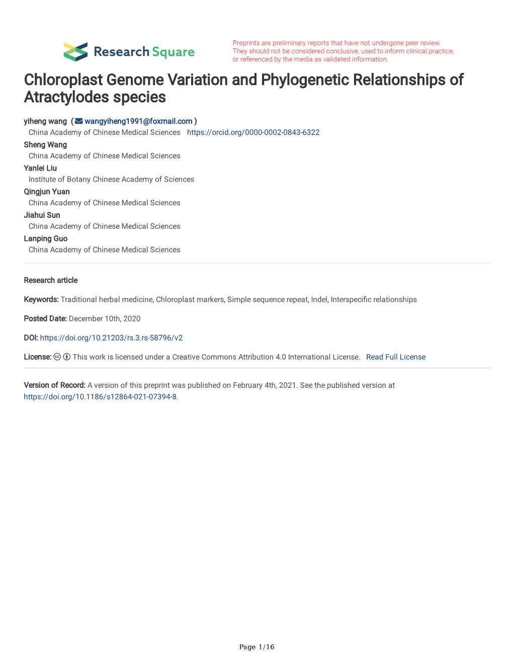 Chloroplast Genome Variation and Phylogenetic Relationships of Atractylodes Species