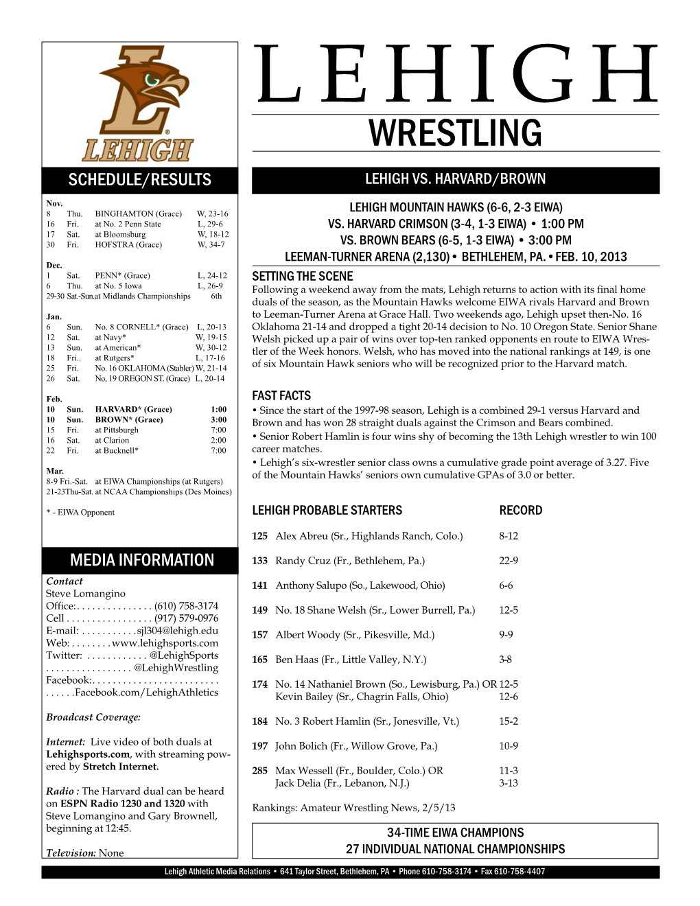 Wrestling Schedule/Results Lehigh Vs