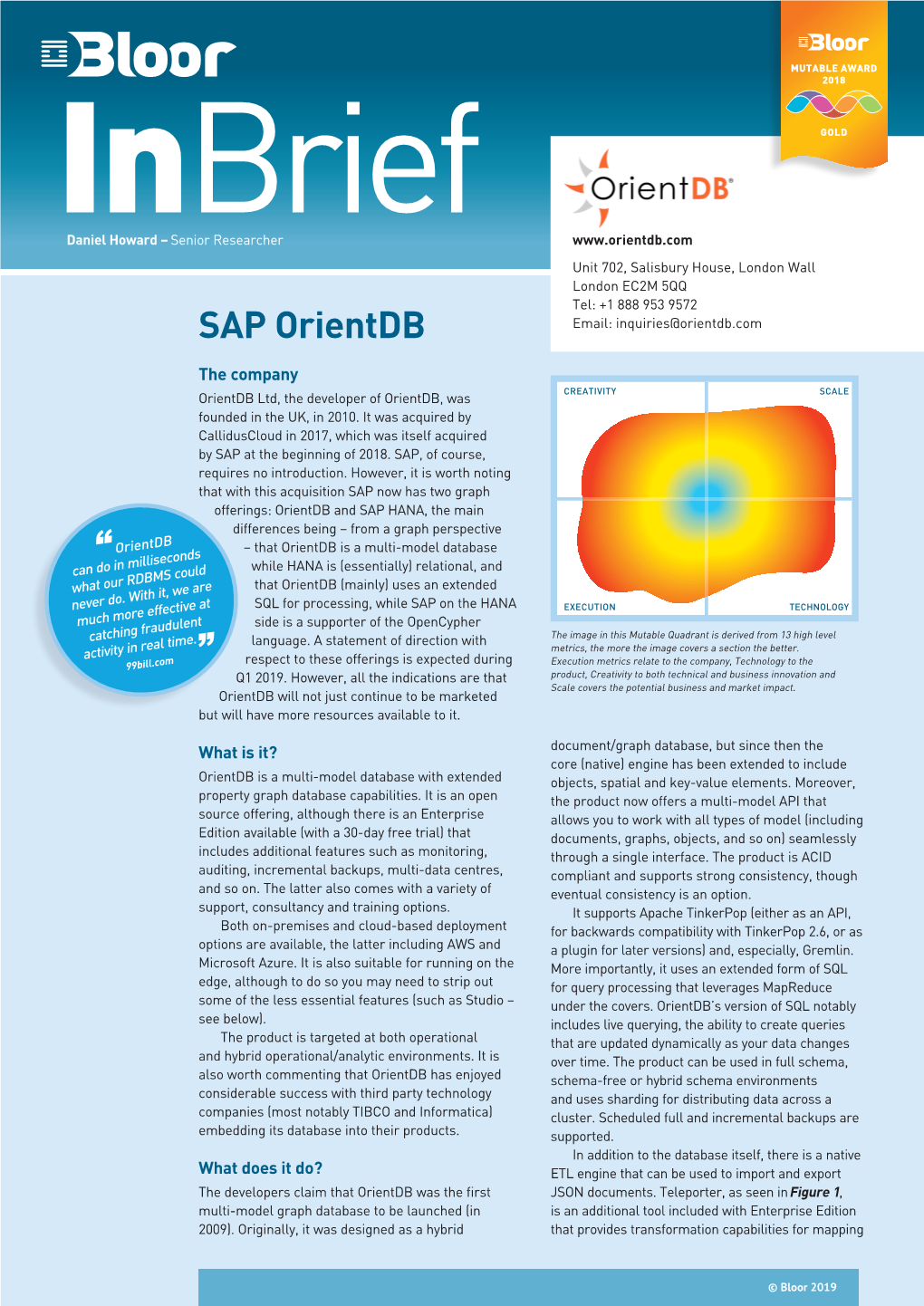 SAP Orientdb Email: Inquiries@Orientdb.Com