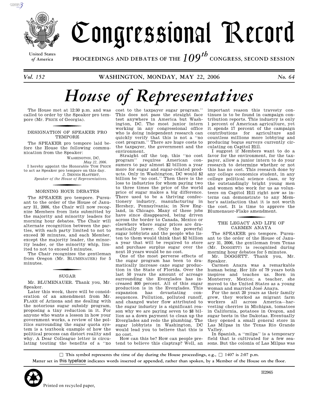 Congressional Record United States Th of America PROCEEDINGS and DEBATES of the 109 CONGRESS, SECOND SESSION