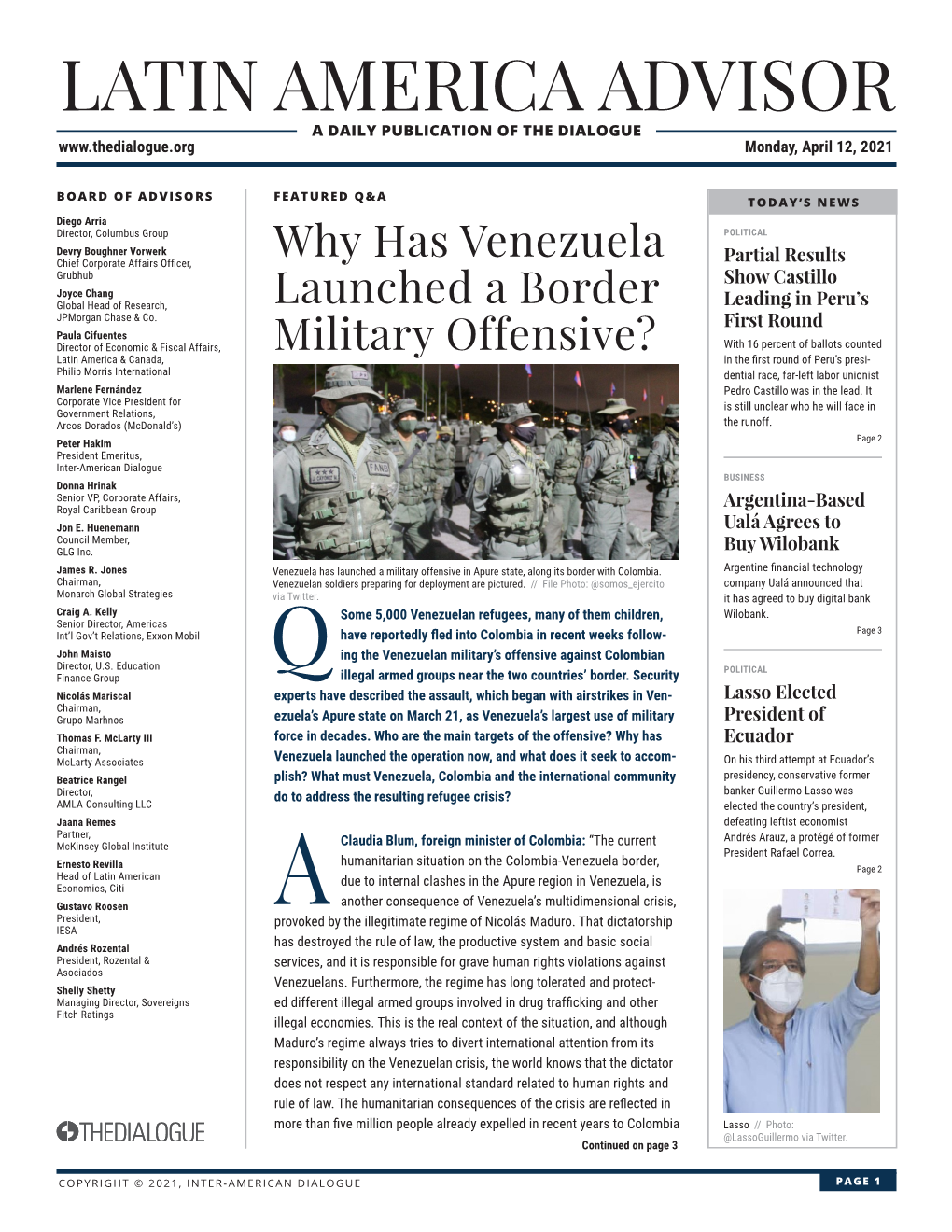 LATIN AMERICA ADVISOR a DAILY PUBLICATION of the DIALOGUE Monday, April 12, 2021