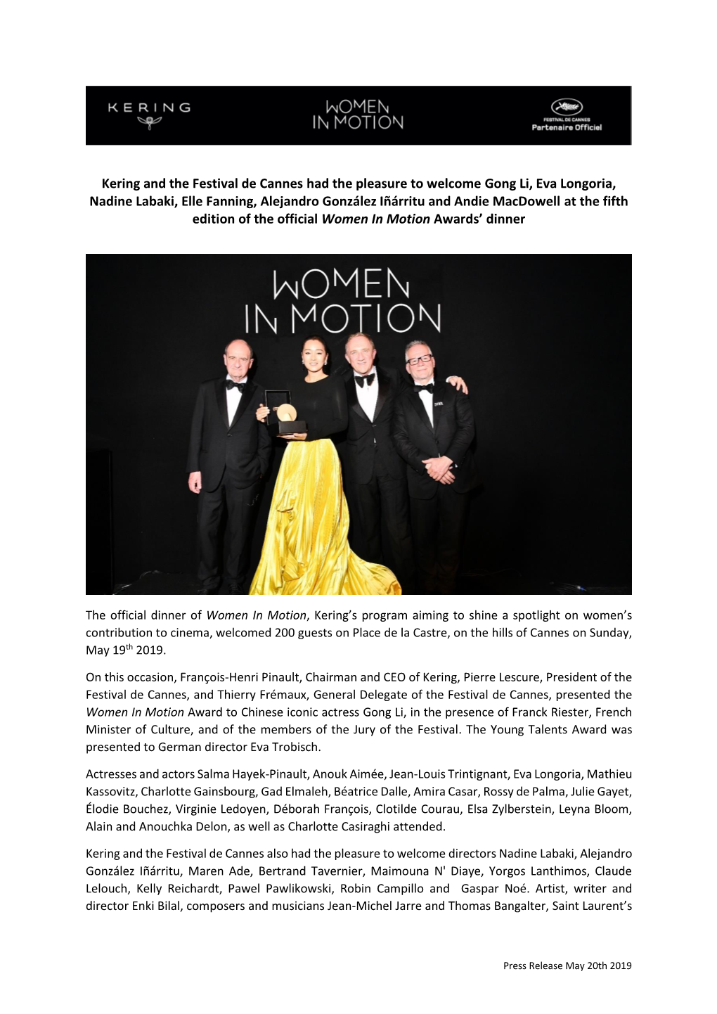 Kering and the Festival De Cannes Had the Pleasure to Welcome Gong
