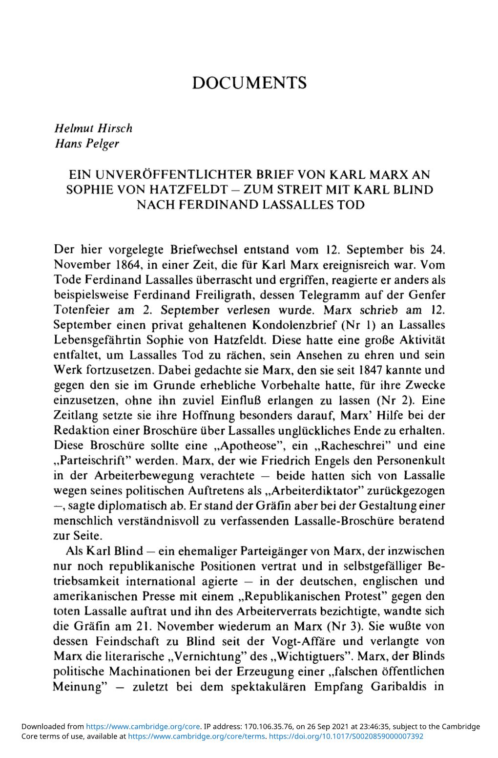 Ein Unveröffentlichter Brief Von Karl Marx an Sophie Von Hatzfeldt — Zum Streit Mit Karl Blind Nach Ferdinand Lassalles