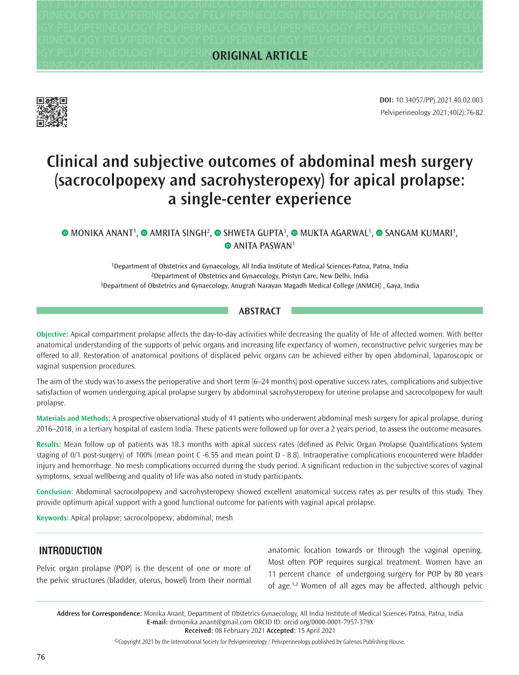 Clinical and Subjective Outcomes of Abdominal Mesh Surgery (Sacrocolpopexy and Sacrohysteropexy) for Apical Prolapse: a Single-Center Experience